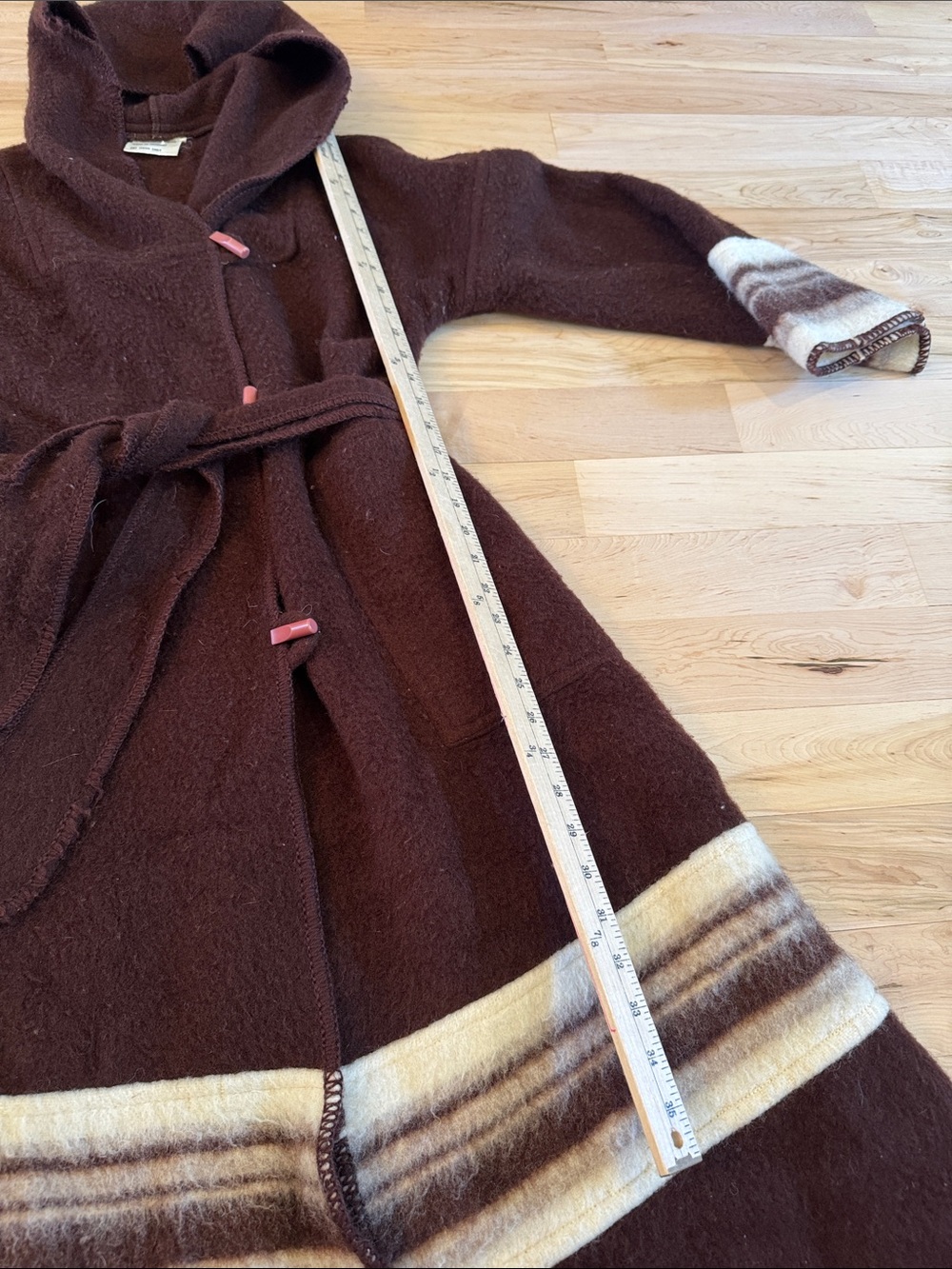 Vintage-100% Wool-Striped Cuff-Hem- brown hooded belted jacket coat-70s - Picture 7 of 8